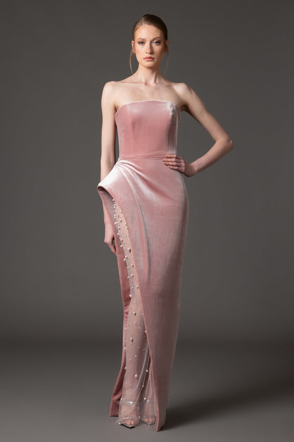 Vintage rose velvet dress with crystal and pearl embroidery on the slit