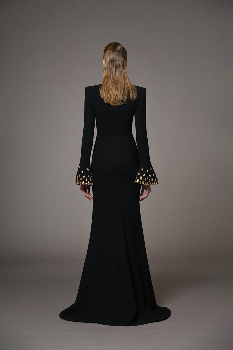 Black crêpe dress with bell embroidered sleeves
