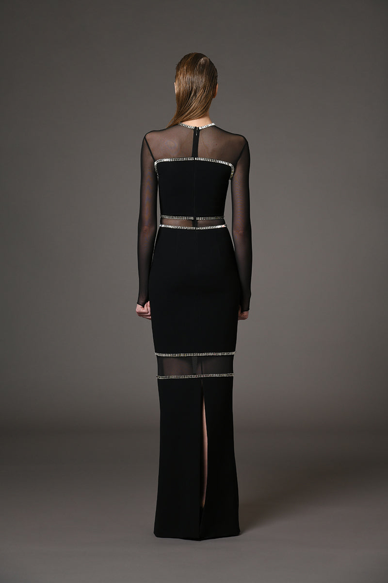 Black crêpe dress with baguette embroidery