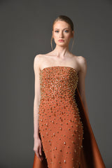 Embroidered burnt brick crêpe dress with a radzimir train