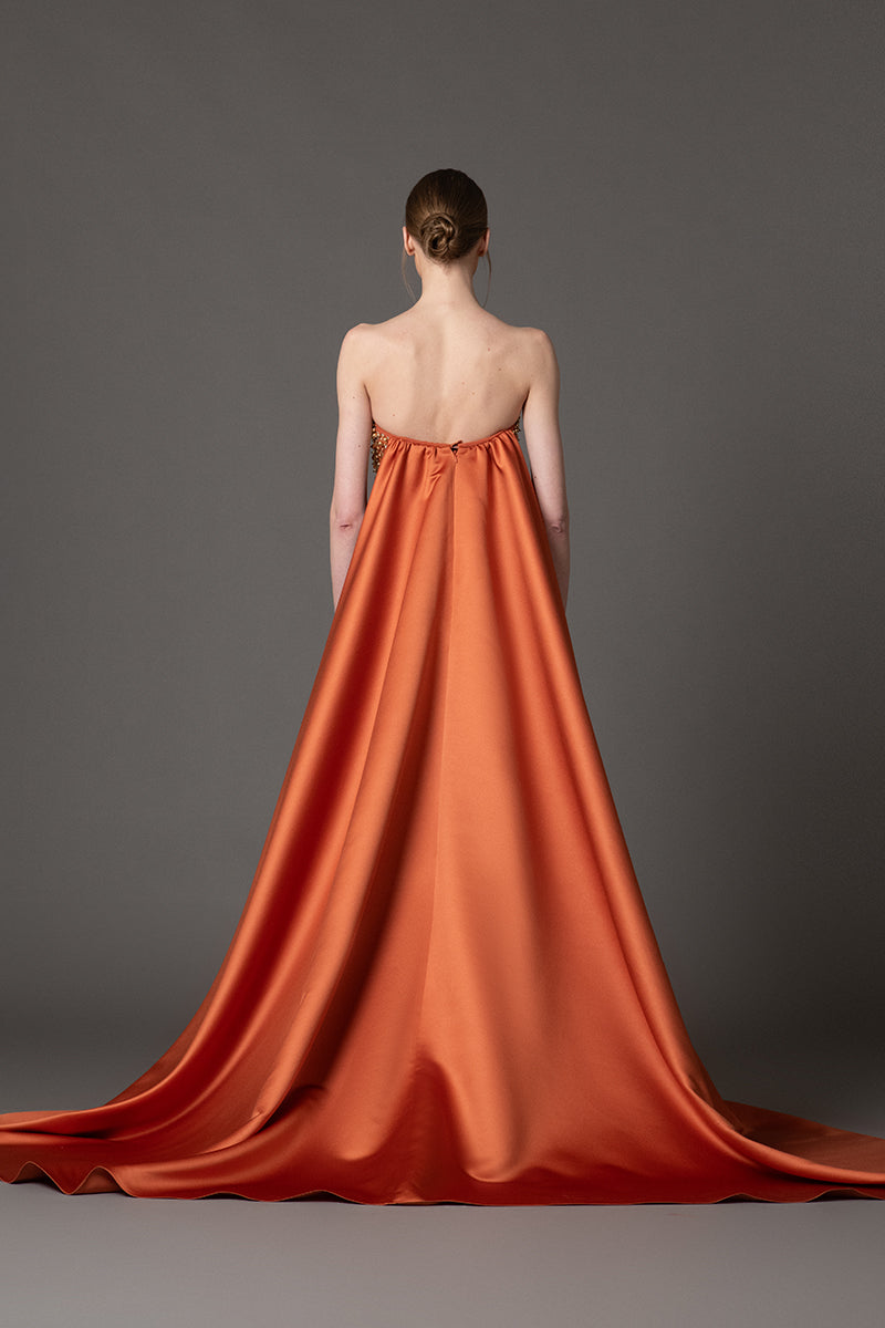 Embroidered burnt brick crêpe dress with a radzimir train