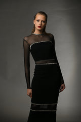 Black crêpe dress with baguette embroidery
