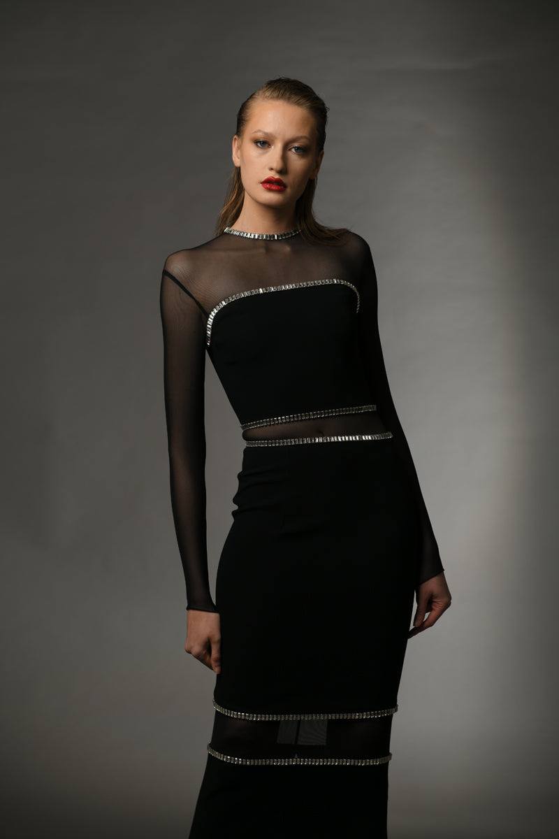 Black crêpe dress with baguette embroidery