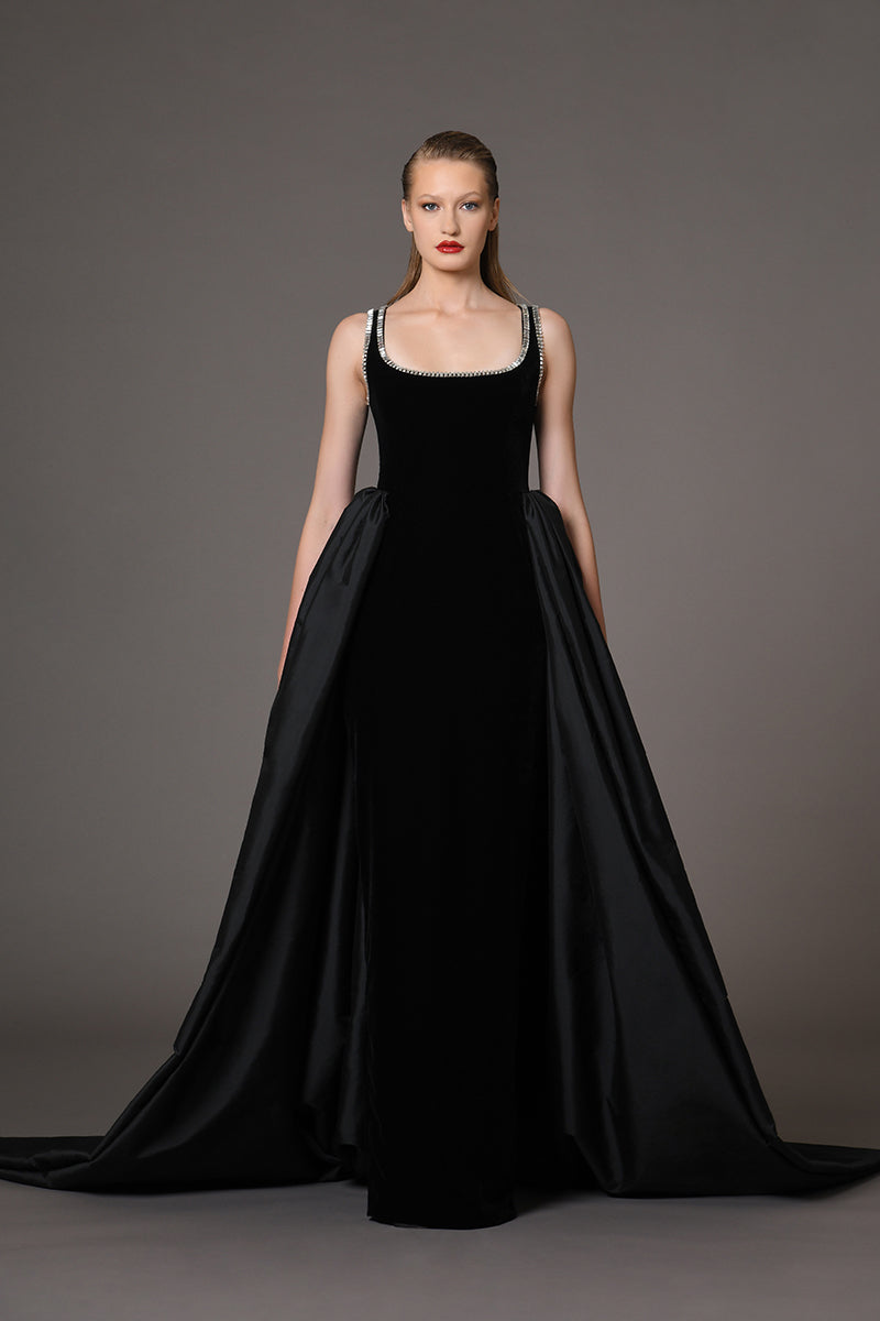  Black velvet dress taffeta overskirt