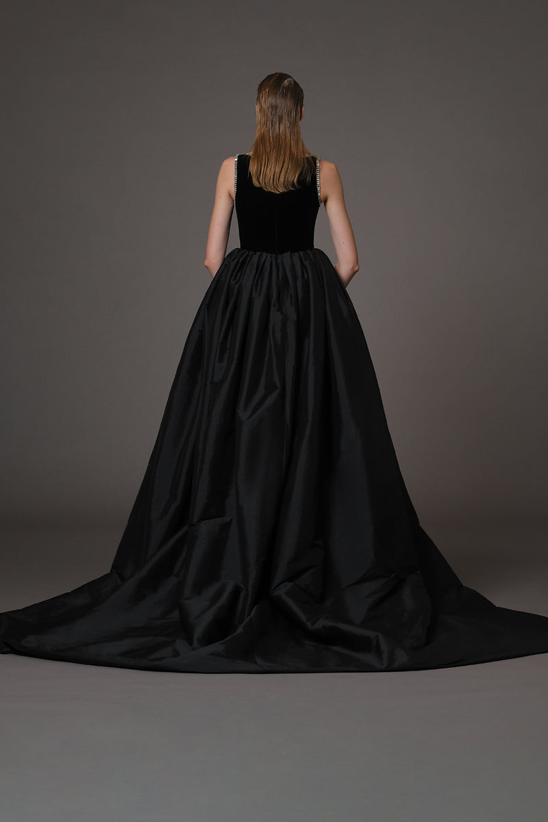  Black velvet dress taffeta overskirt