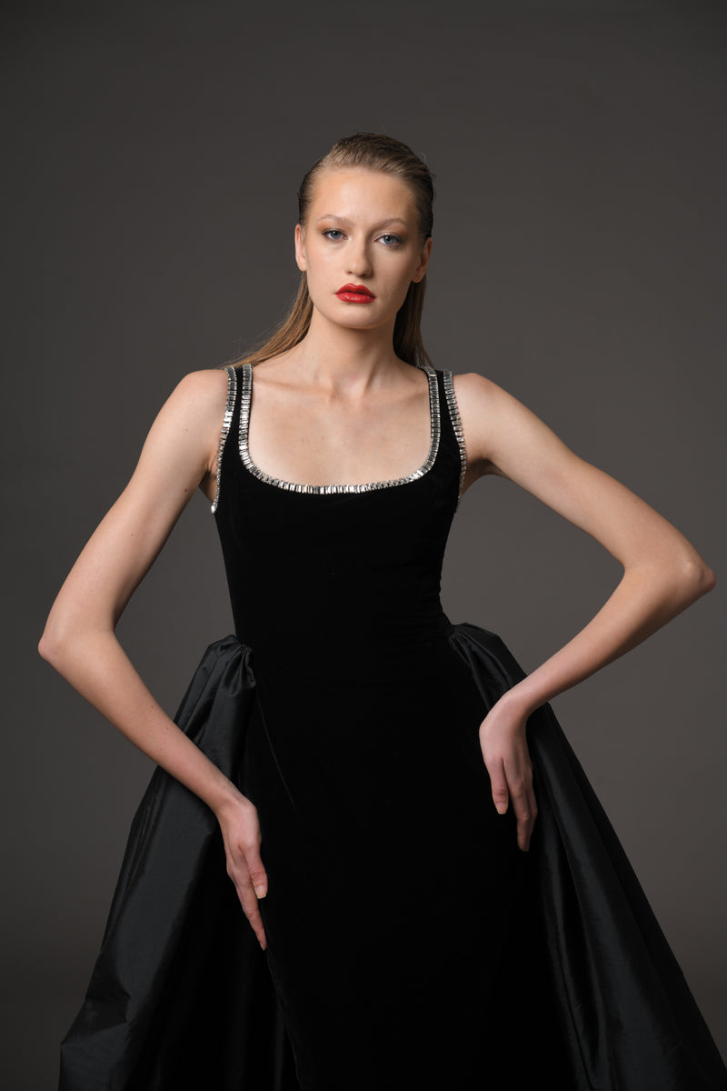 Black velvet dress taffeta overskirt