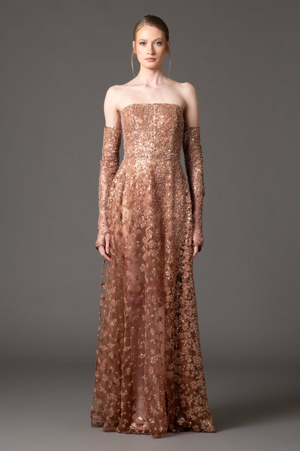 Brown embroidered tulle gown