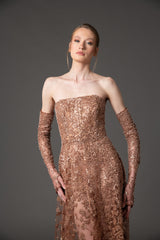 Brown embroidered tulle gown