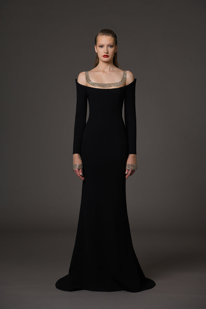 Black embroidered crêpe dress with details on sleeves