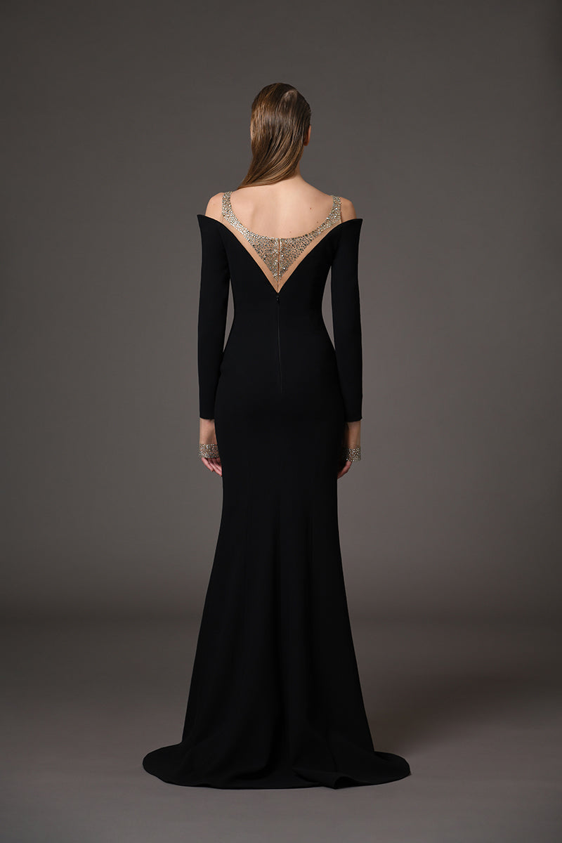 Black embroidered crêpe dress with details on sleeves