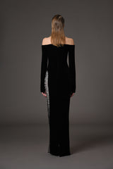 Black velvet dress with embroidery on slit