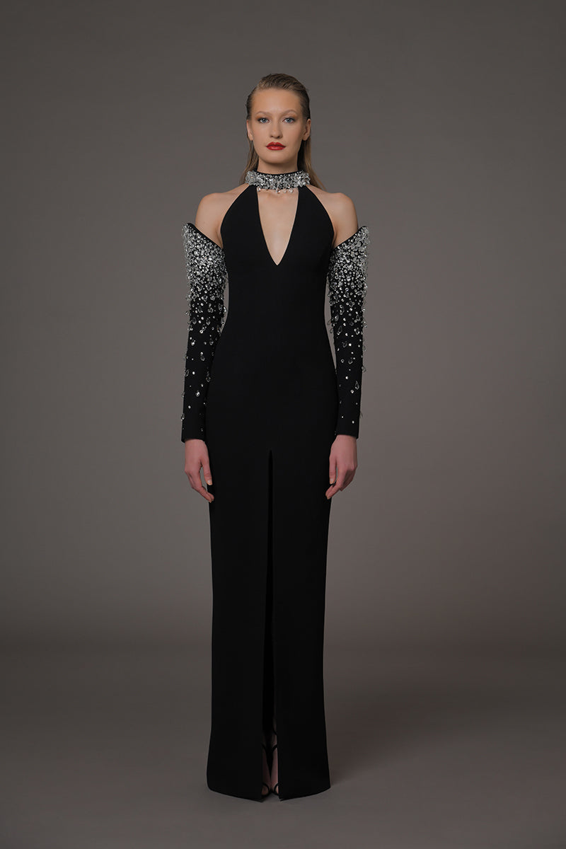 Black crêpe dress with crystal embroidered sleeves