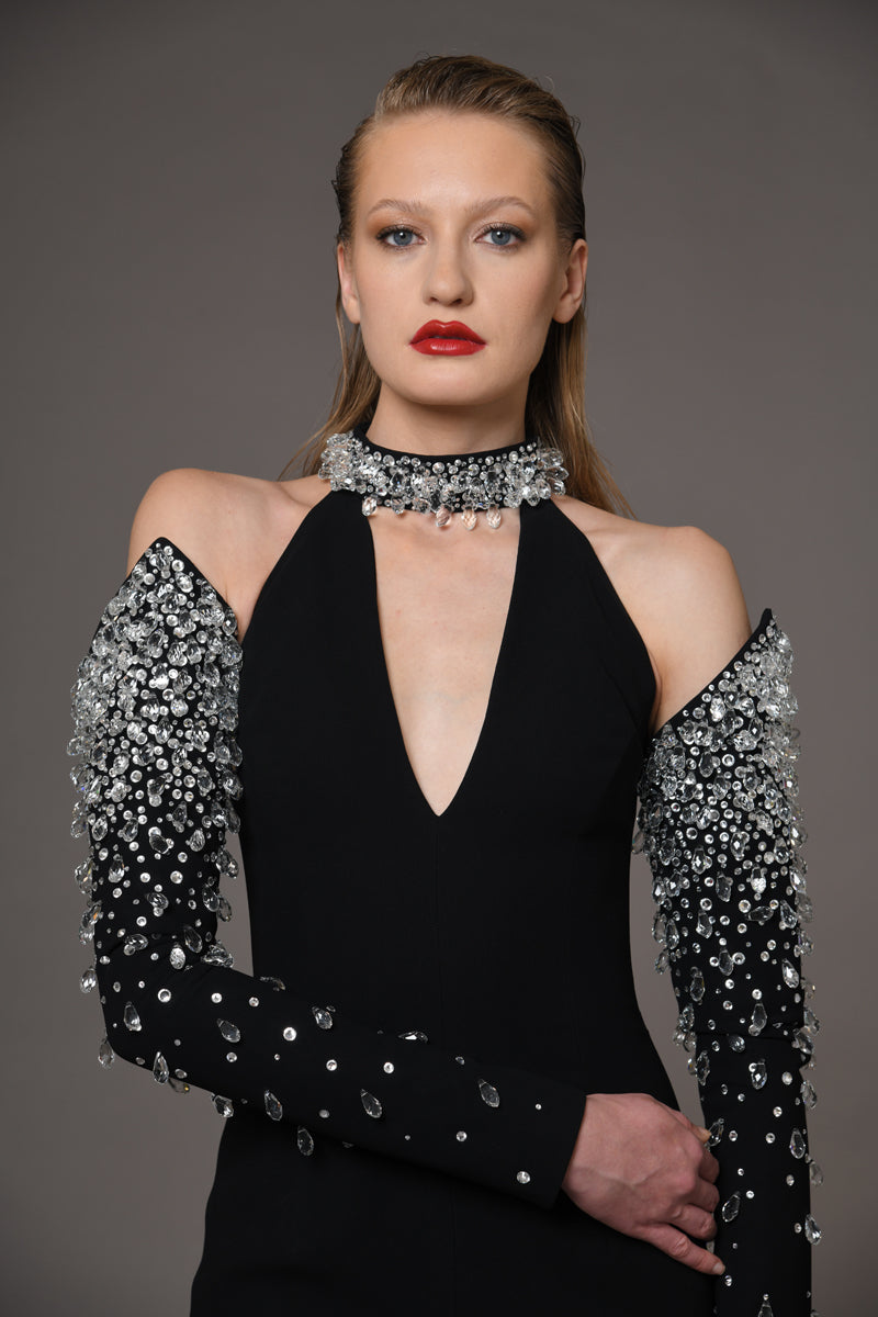 Black crêpe dress with crystal embroidered sleeves