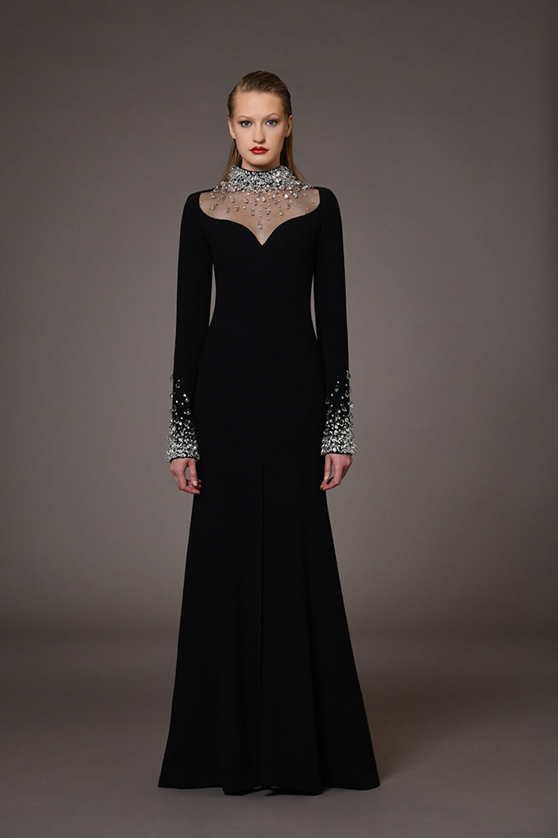 Black crêpe dress with intricate embroidery