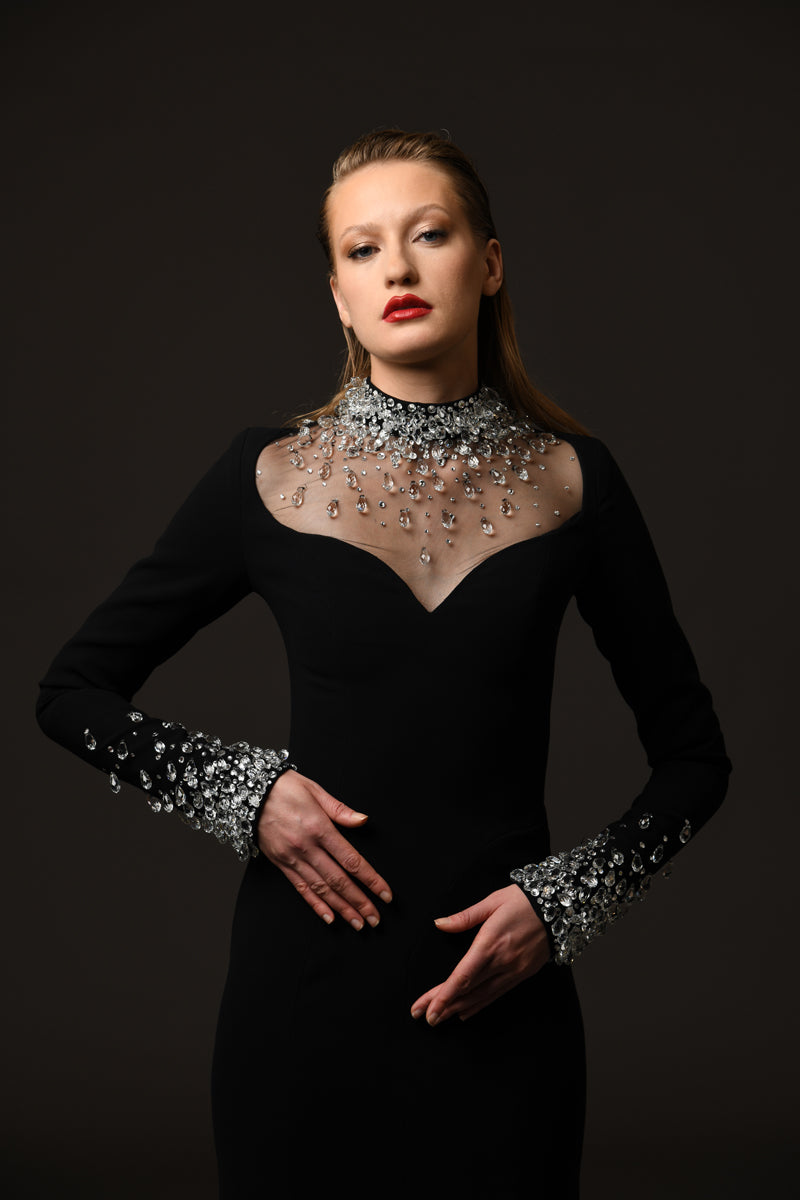 Black crêpe dress with intricate embroidery