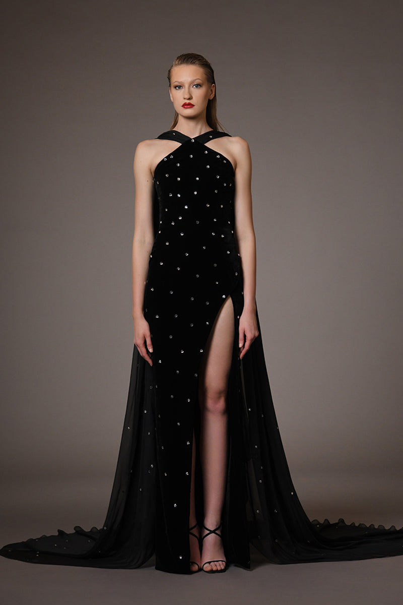 Black embroidered velvet dress with chiffon train