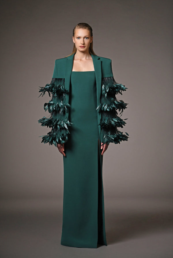 Green blazer cape with feathers