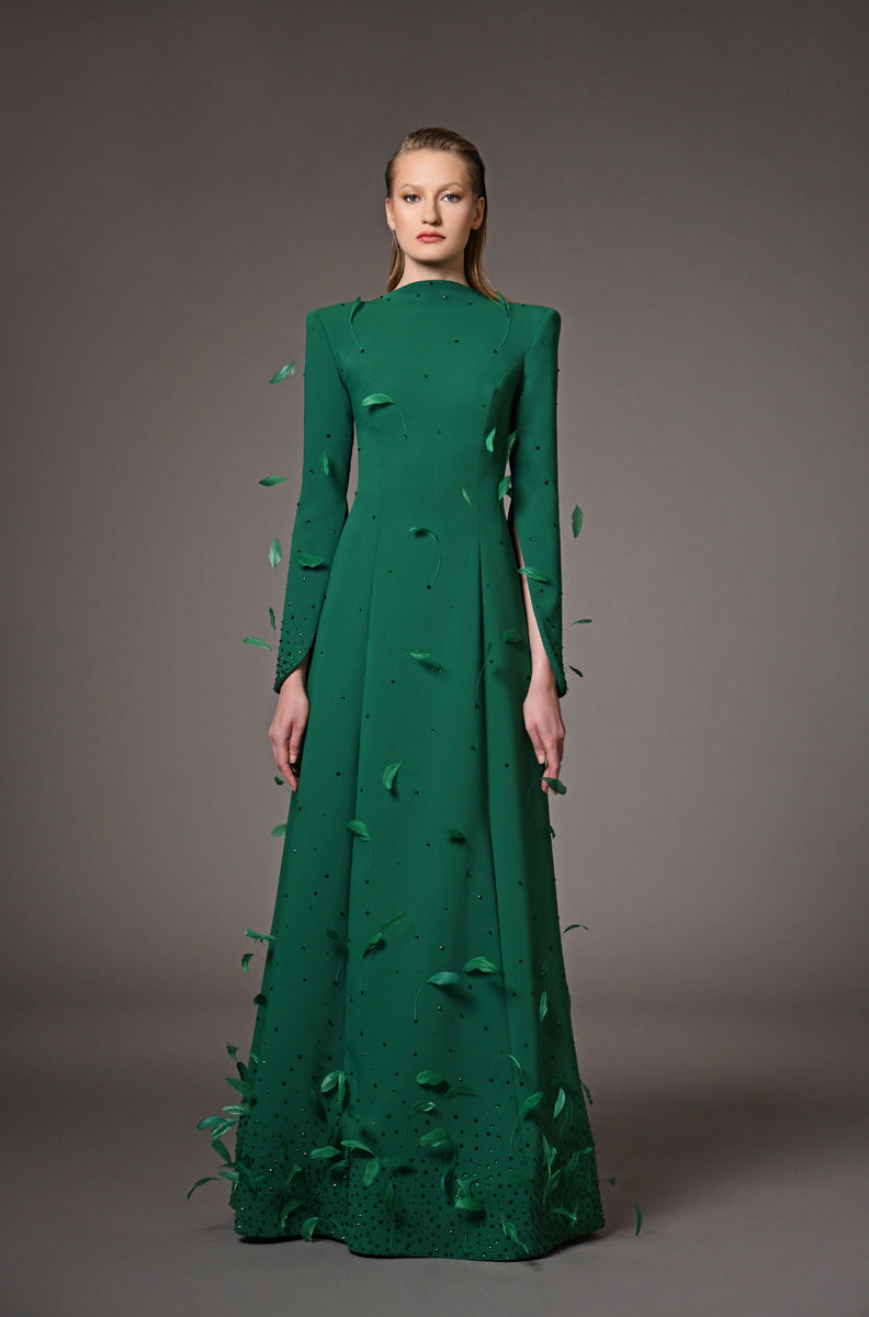 Green dress embroidered with feathers and crystals