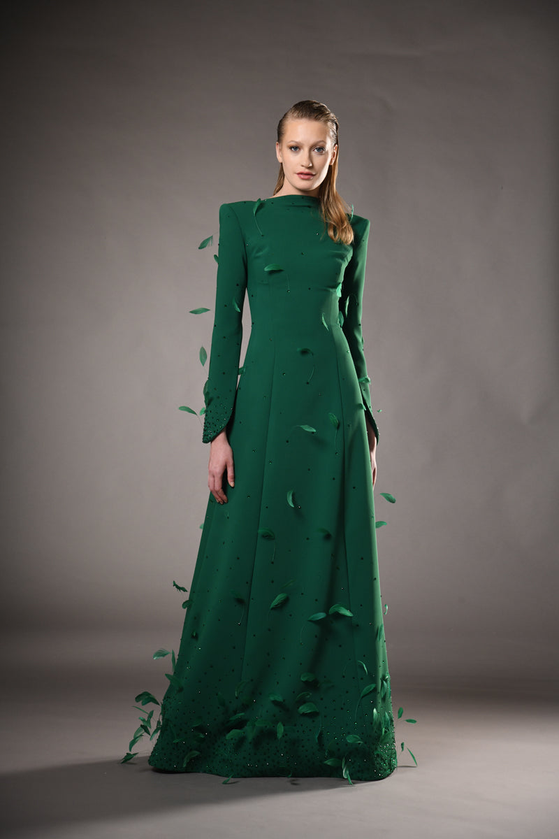 Green dress embroidered with feathers and crystals