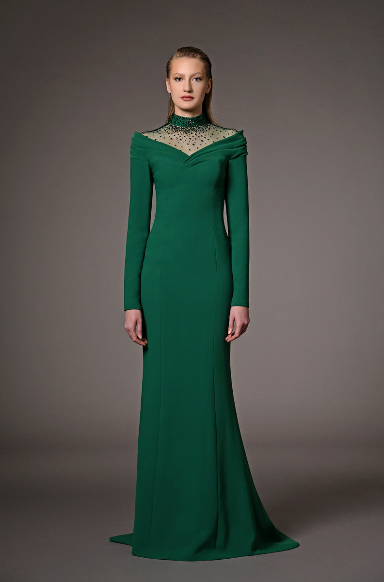 Green mermaid dress with emerald embroidery