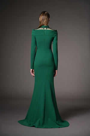 Green mermaid dress with emerald embroidery