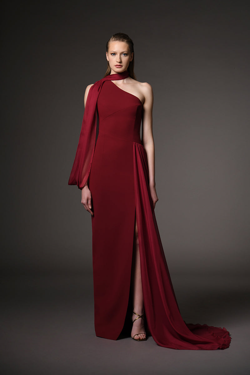 Burgundy asymmetric crêpe dress with chiffon