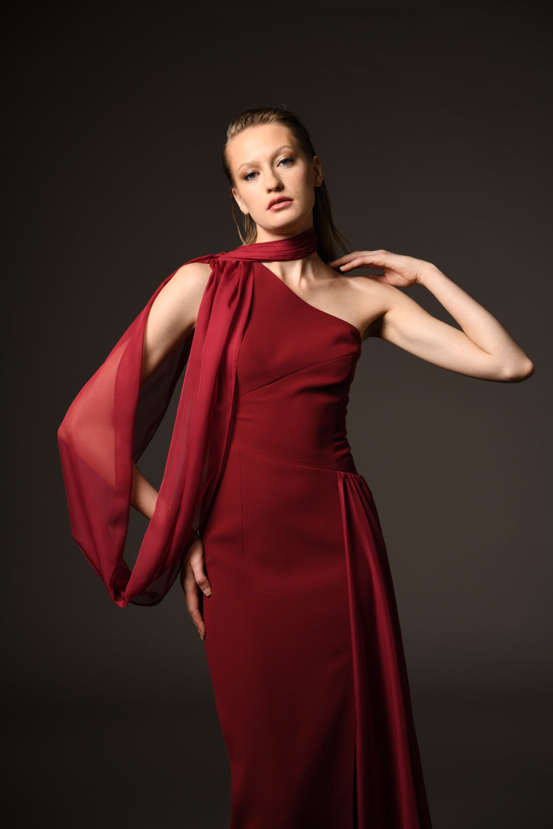 Burgundy asymmetric crêpe dress with chiffon