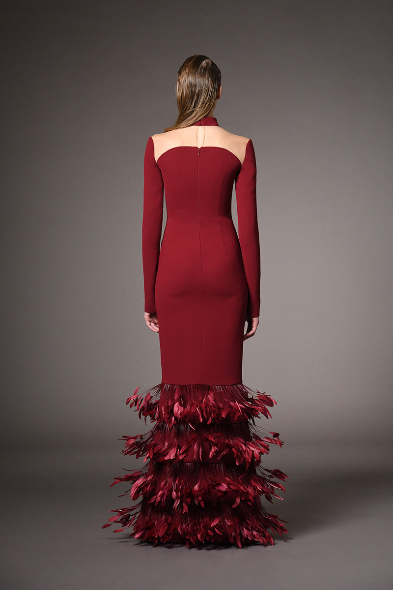 Burgundy crêpe dress with feathers on the hem