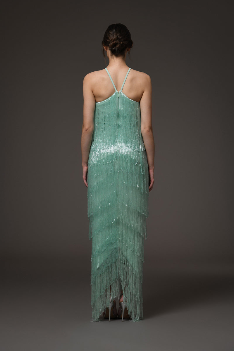 Green halter neck crêpe dress with beaded fringes detailing