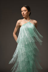 Green halter neck crêpe dress with beaded fringes detailing