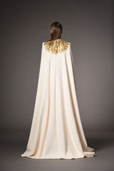 Ivory white cape dress with gold feathers