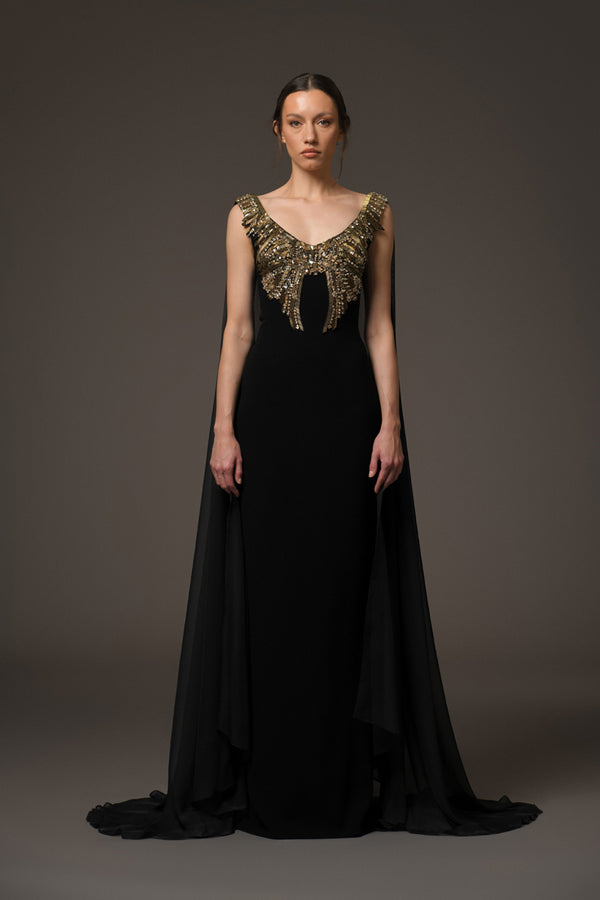 Black crêpe dress with embroidery and chiffon cape