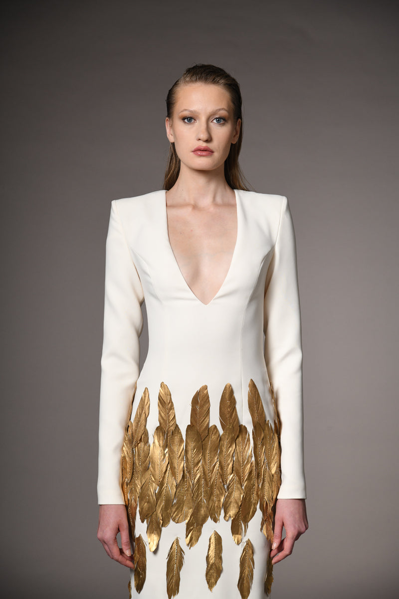 Ivory white dress with gold feathers