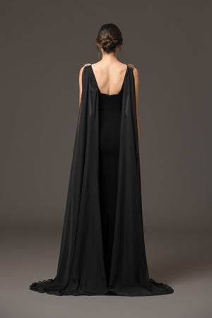 Black crêpe dress with embroidery and chiffon cape