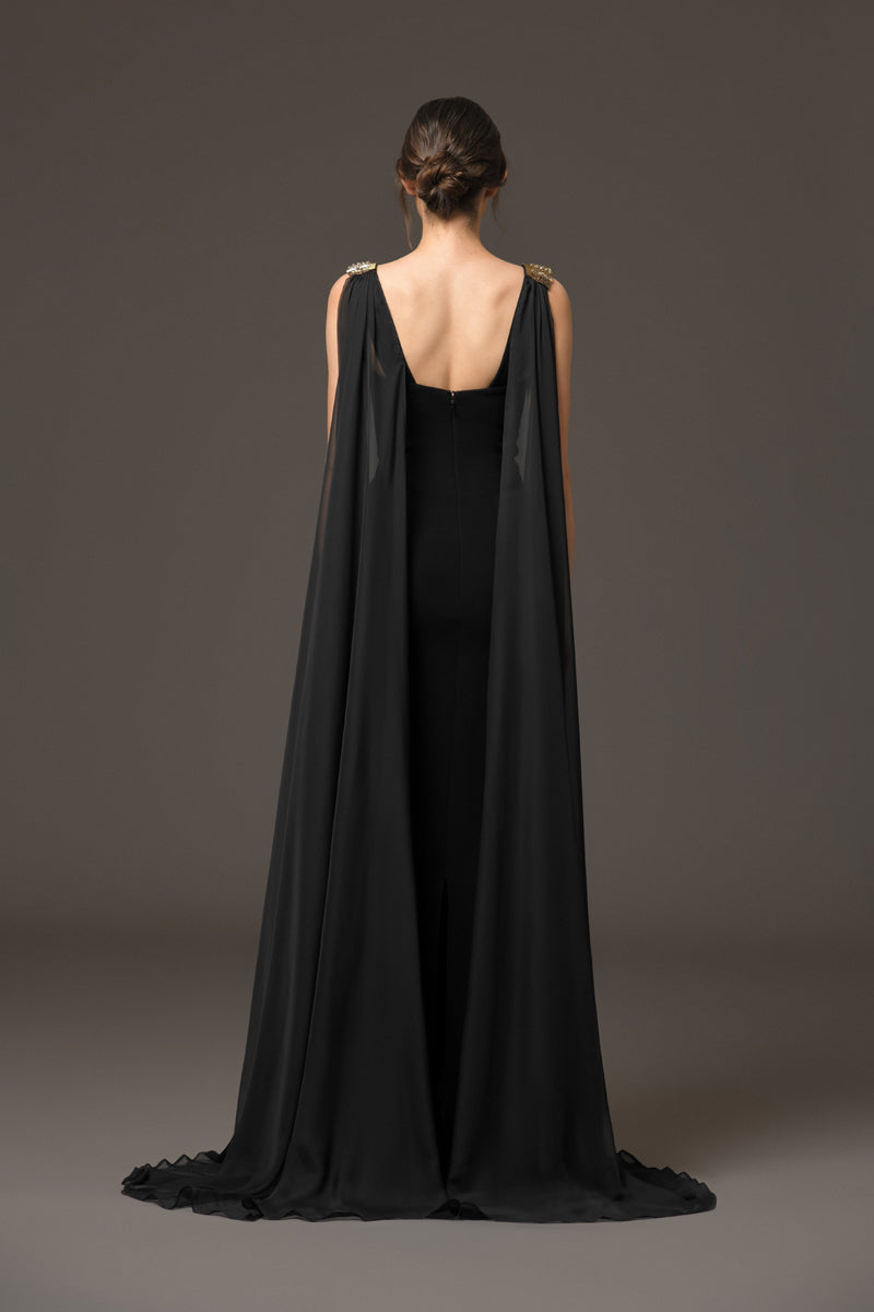 Black crêpe dress with embroidery and chiffon cape