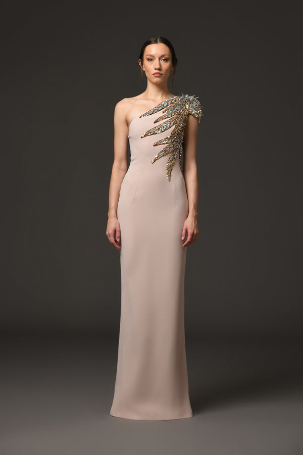 Nude asymmetric crêpe dress with embroidery