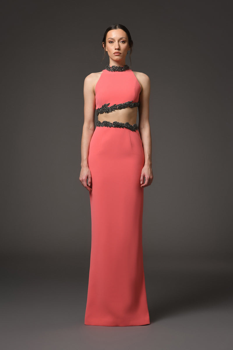 Coral crêpe dress featuring embroidery on the waist cut-out and back