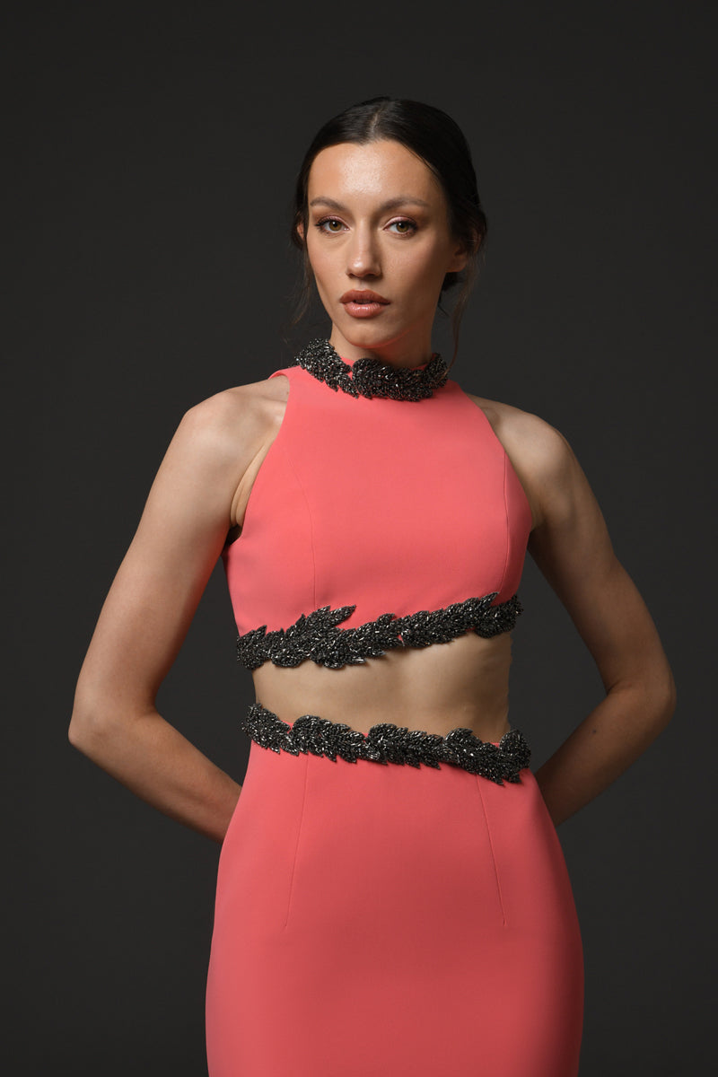 Coral crêpe dress featuring embroidery on the waist cut-out and back