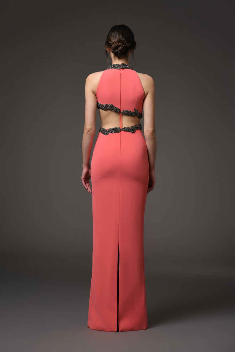 Coral crêpe dress featuring embroidery on the waist cut-out and back