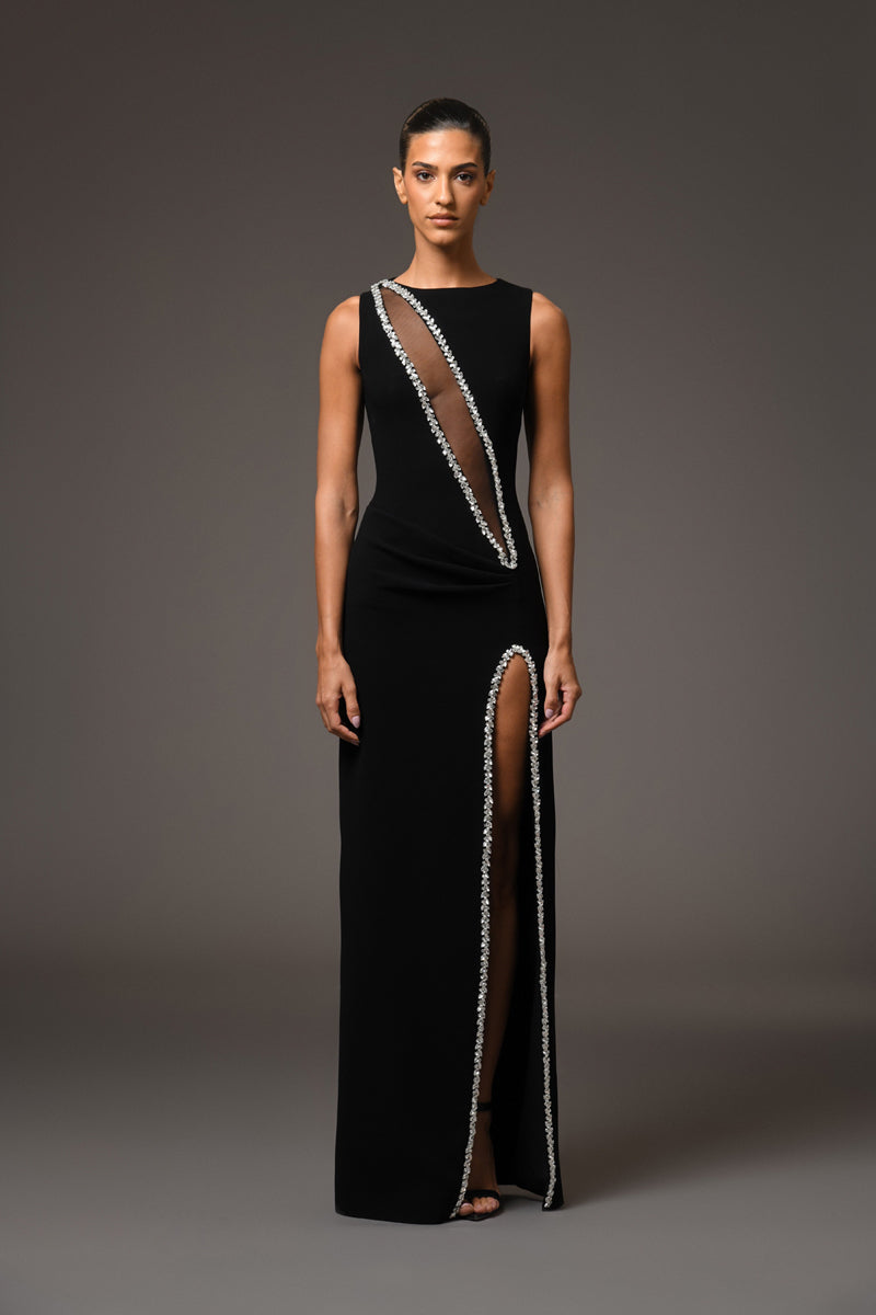 Black crêpe dress featuring embroidery detailing and a side-slit