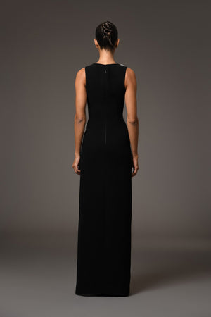 Black crêpe dress featuring embroidery detailing and a side-slit