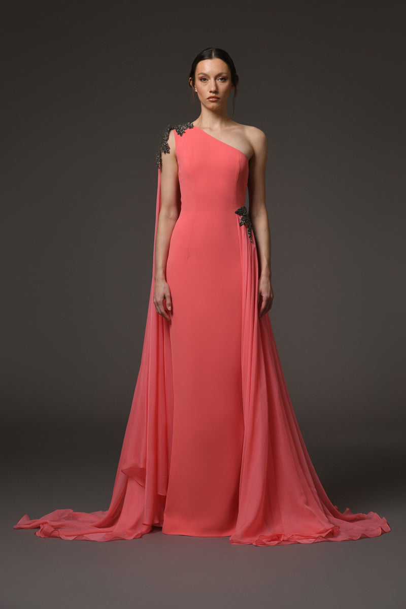 Coral asymmetric crêpe embroidered dress with chiffon