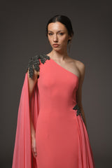 Coral asymmetric crêpe embroidered dress with chiffon