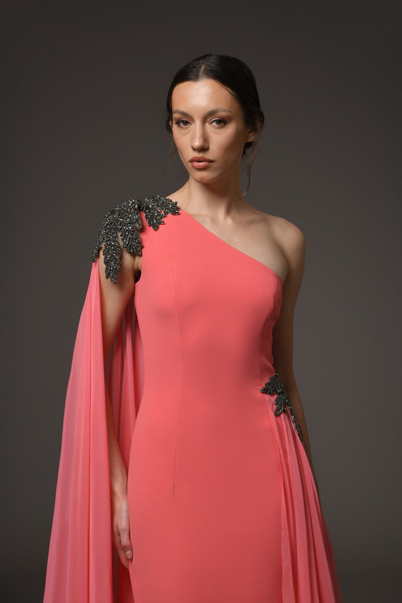 Coral asymmetric crêpe embroidered dress with chiffon