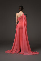 Coral asymmetric crêpe embroidered dress with chiffon