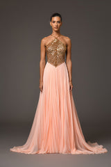 Halter neck peach plissé dress with embroidery