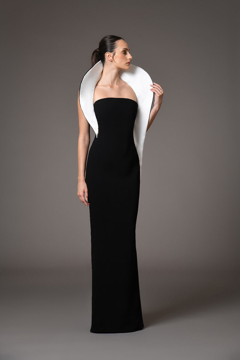 simple black strapless crepe dress with white structured collar 