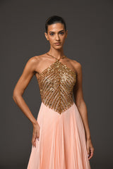 Halter neck peach plissé dress with embroidery