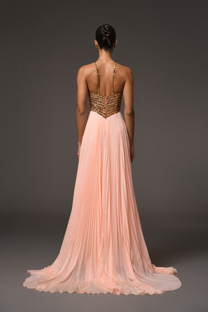 Halter neck peach plissé dress with embroidery