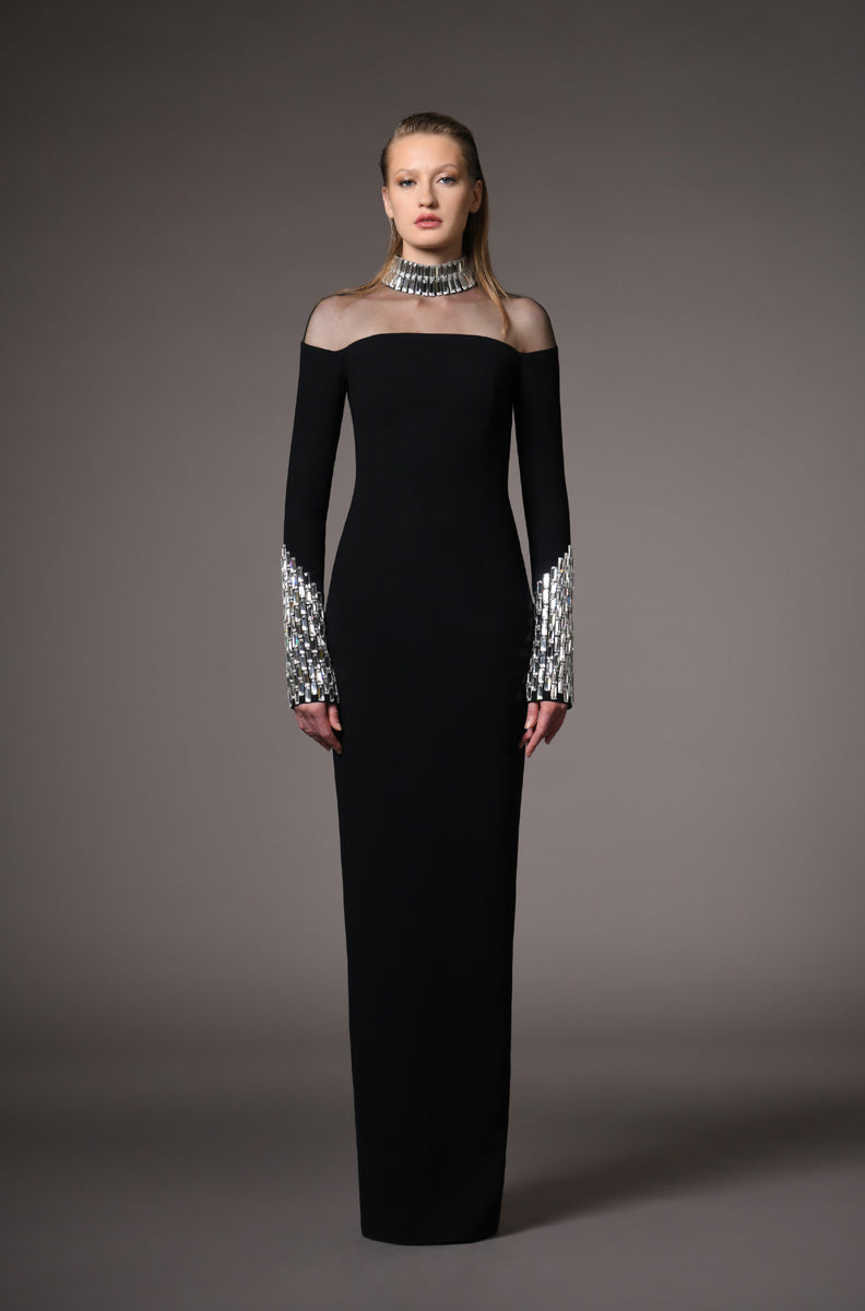 Black crêpe dress featuring exquisite crystal embellishments